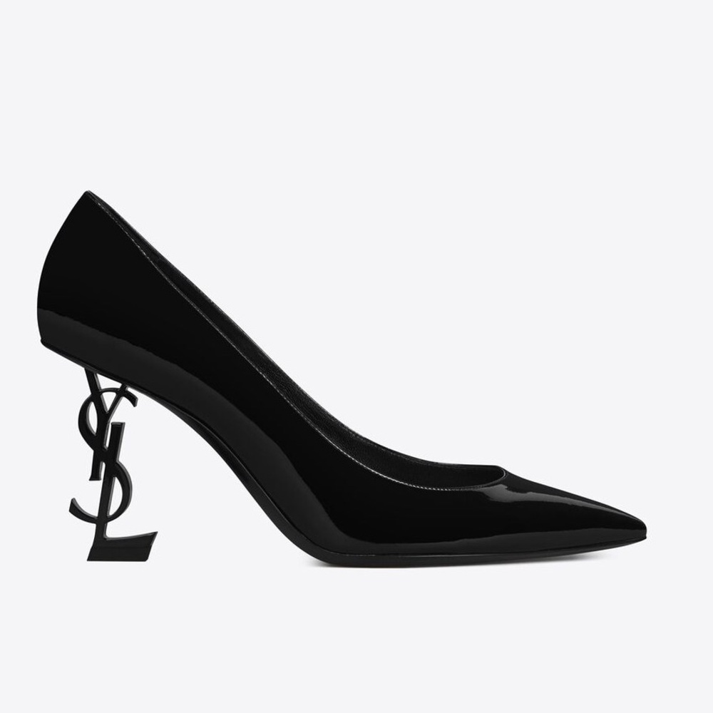 Saint Laurent Opyum Pumps in Black Patent Leather Logo Heel Pointed Toe NWT 37 - Picture 8 of 13